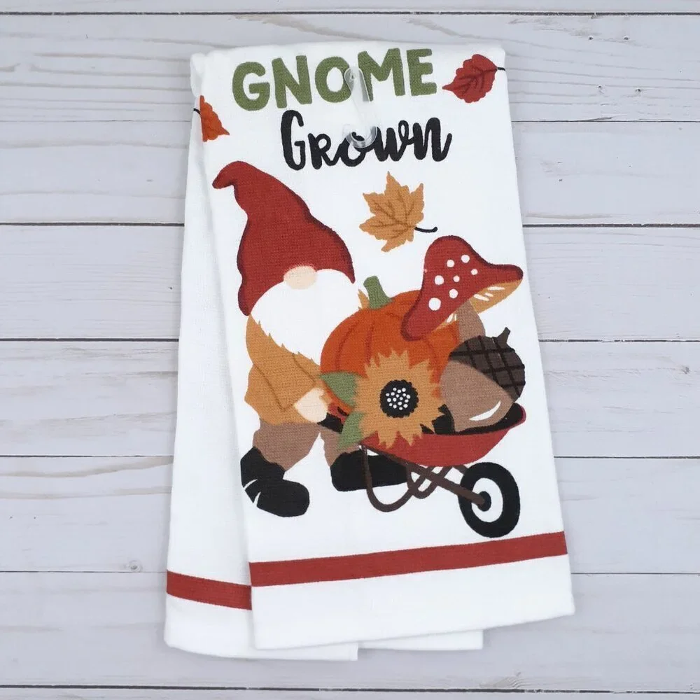 Fall Kitchen Dish Towel Dual Purpose Wheelbarrow Gnome Pumpkin Mushroom